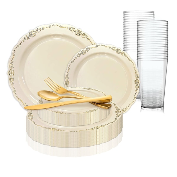 Smarty Had A Party Ivory with Gold Vintage Rim Round Disposable Plastic Wedding Value Set, 720PK 860IVGVS120 - main